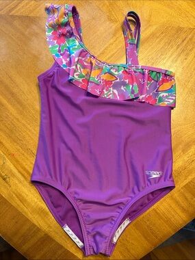 Speedo Purple One-Shoulder Floral Ruffle Kids Swimsuit